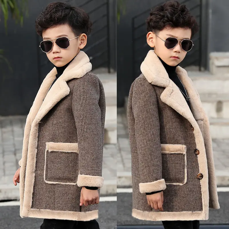 Children Casual Woolen Coat Fall Winter Boys Handsome Plush Velvet Heavy Outerwear Clothes Kids Splicing Pocket Trench Coat
