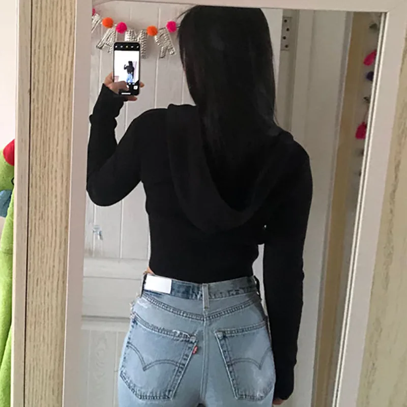 

2020 Women Spring Autumn Street Wear Hooded Sweater Ribbed Zipper Up Cardigans Crop Tops Outwear Long Sleeve Pink Black Coat