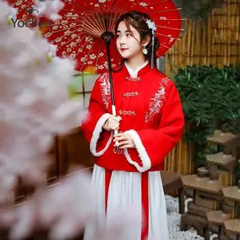 

Young girl Autumn winter Hanfu suit New Year Christmas clothes Daily Stand colllar wool coat Tops two pieces skirt set women