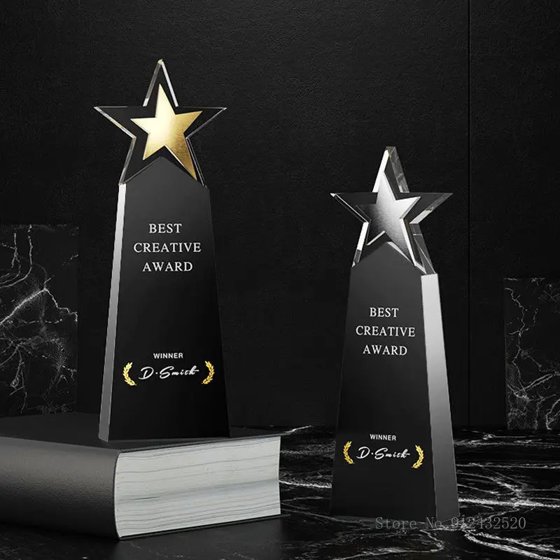 CustomizedFive-Pointed Star Crystal Trophy, Gold Silver Copper, Celebration Gift, Competition Award, Staff Meeting Souvenir, 1Pc