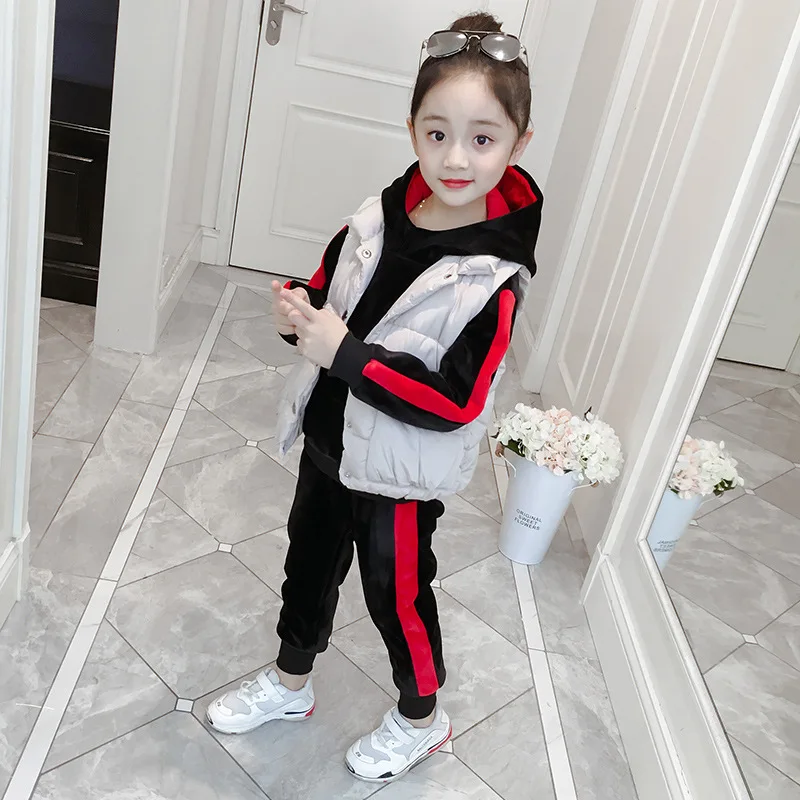 

Girls Brushed And Thick Set 2019 New Style Fall And Winter Clothes Big Boy Western Style Gold Velvet Hoodie Waistcoat Three-piec