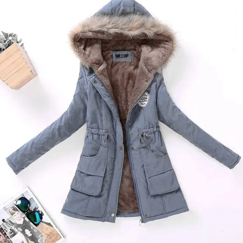 Denim Blue Женские толстые теплые длинные зимние куртки, женские парки для женщин, с капюшоном, Анорак, женские меховые куртки и пальто, женское манто - Цвет: Denim Blue