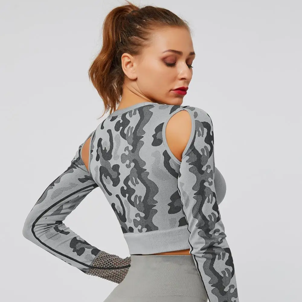 Камуфляжная футболка для йоги женские спортивные рубашки с длинными рукавами одежда для фитнеса для дам активный топ рубашки для тренировки Спортивная одежда для йоги