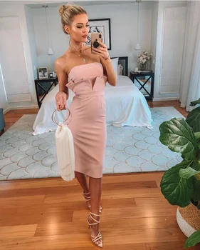 

Women Summer Sexy Strapless Backless Beige Black Knee Length Bandage Dress 2020 Designer Bodycon Evening Party Dress Vestido