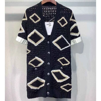 

Cosmicchic 2020 Women Hollow Out Short Sleeve Knitted Cardigan V Neck Single Breasted High Quality Geometric Long Sweater Tops