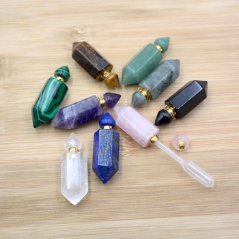 

Natural Gems-stone Hexagon prism Bottle pendant essential oil diffuser gold-plated Chakra Crystal lapis vial for necklace
