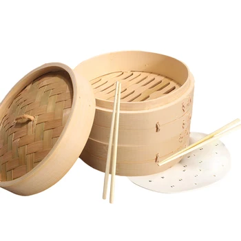 

10 Inch Bamboo Steam Cooker Steamer Basket 2 Tier Food Steamer Natural Bamboo Dumpling Steamer with Lid Chopsticks 50 Liners