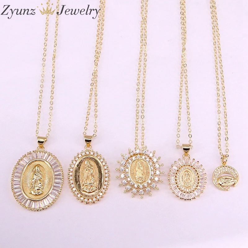 

5PCS, Gold Color Jesus / Mary of Virgin Design Pendant Necklace
