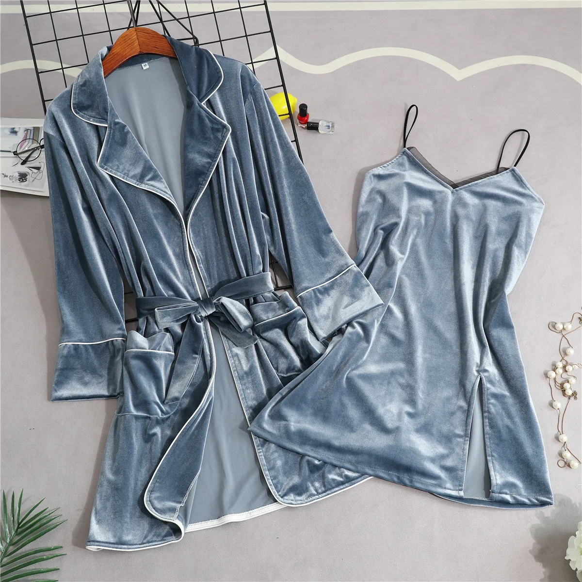 Велюровый ночной халат M XL сексуальный женский комплект из 2 предметов топ на