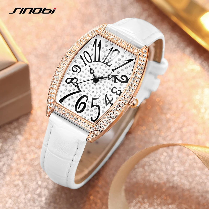 SINOBI Fashion Diamond Woman Watches White Strap Women Watches New Design Elegant Quartz Wristwatches Ladies Luxury Clock Gift