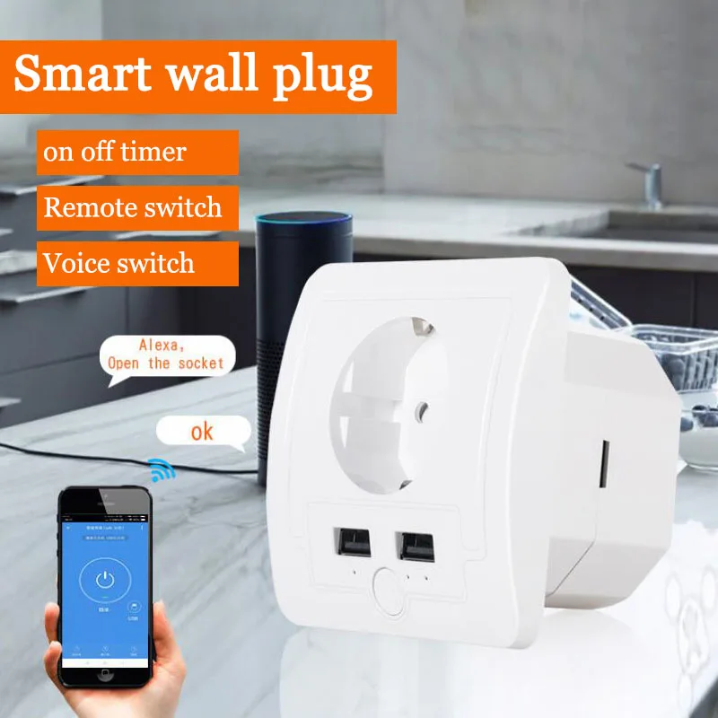 WiFi умная розетка 5 в 2.1A 2USB 16A стандарт ЕС настенная домашняя синхронизация