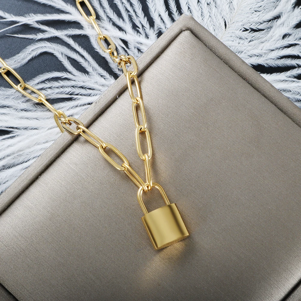 Zmfashion Punk Padlock Pendant Link Chain Necklace High Quality Men