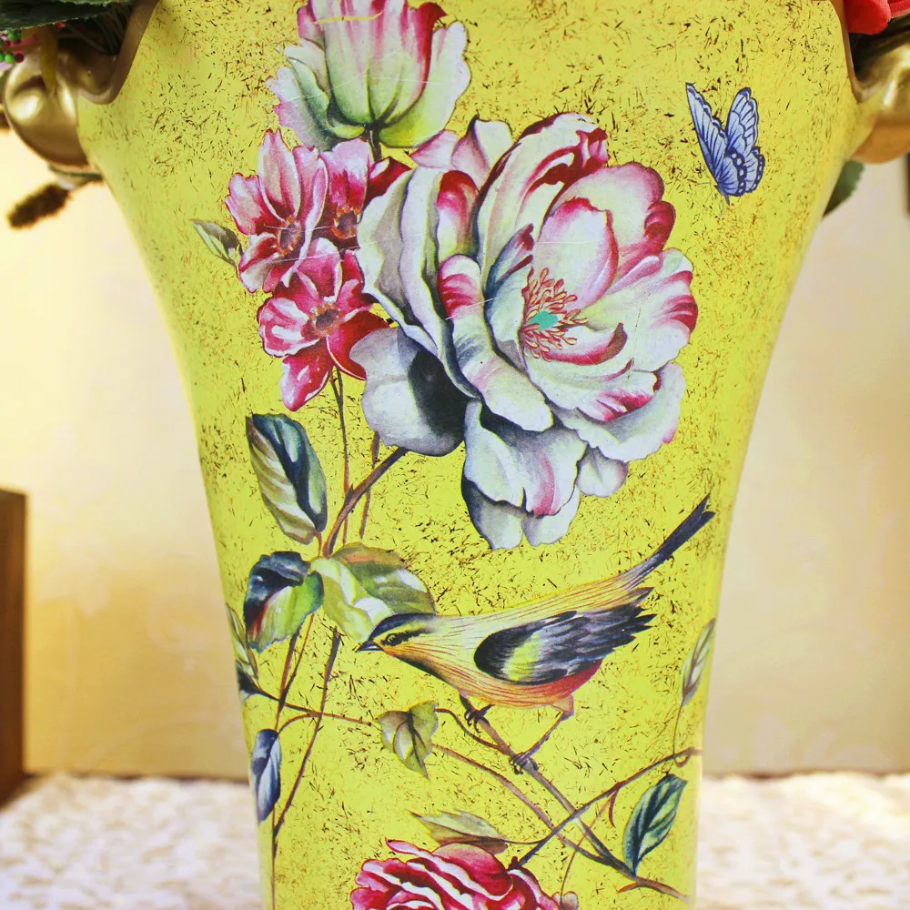 Creative European Ceramic Vase High-grade Painted Flower and Bird Arrangement Vase Living Room Handmade Decorations Home Style A