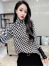 

High Neck Knitted Bottomed Sweater women's 2021 Autumn Winter New Retro Aging T-shirt Checkerboard Top