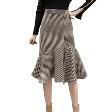 Элегантные клетчатые миди длинные женские модные юбки корейские юбки с высокой талией и оборками осенне-зимняя юбка в ломаную клетку