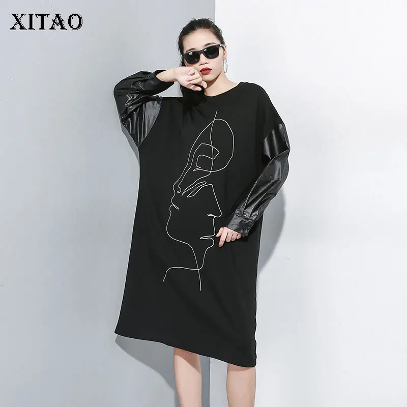 

XITAO Patchwork Tide Personality Pocket Dress Women Clothes 2019 Fashion Plus Size Black Dress Pullover Vintage Dress WQR1825