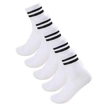 

Women Cuff Stripes Pattern Breathable Crew Socks 5 Pack White+Black