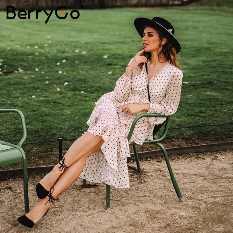 Ceny BerryGo elegancka sukienka z polka dot szyfonowa damska z długim rękawem potargane długa sukienka warstwowa sukienki damskie w stylu Vintage vestidos