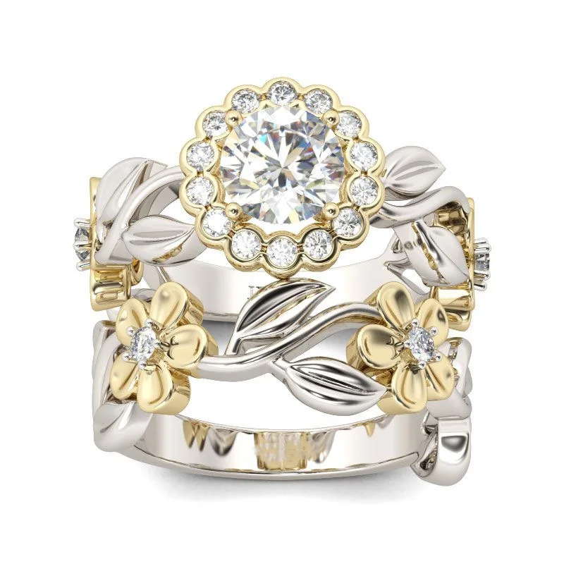 Milangirl 2 Pcs/Set Elegant Two-tone Flower Floral Leaves Inlaid Crystal Rhinestone Zircon Metal Ring for Women Party Jewelry | Украшения и