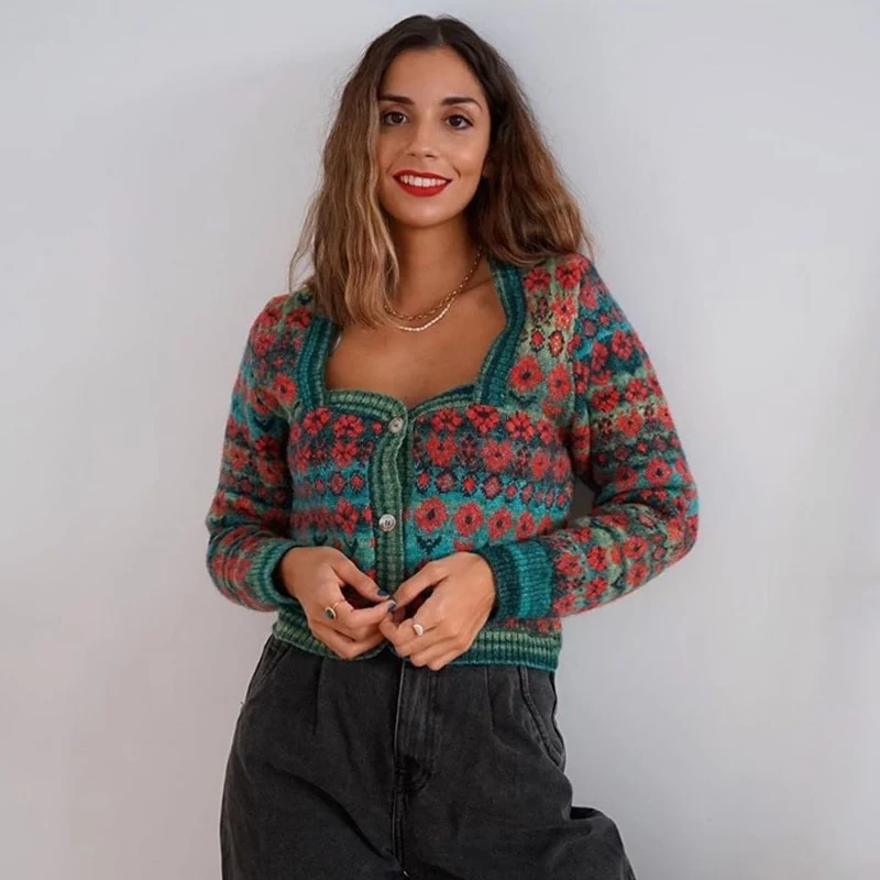 

Ardm Fashion Cardigan Mujer Red Floral Embroidery Knitted Cardigan Sweater Vintage Long Sleeve Pull Female Outerwear Chic Tops