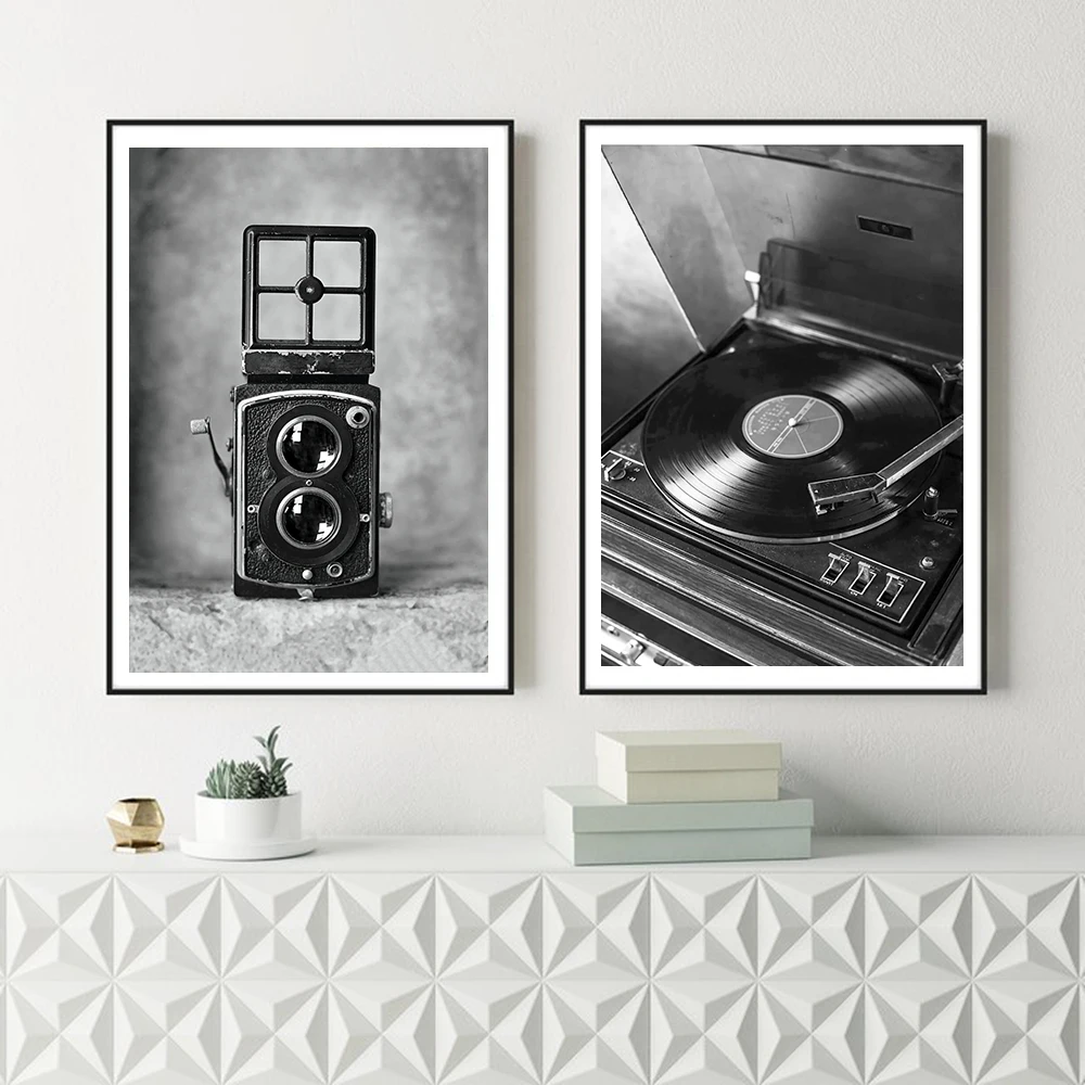 Decoracion ВИНТАЖНЫЙ ПЛАКАТ для камеры, домашний холст, черно-белый настенный арт, recordпроигрыватель, плакаты и принты, настенные картины для гостиной - Цвет: Set