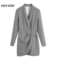 Moyatiy – robe Blazer pied de poule pour femmes, tenue de bureau avec fermeture éclair latérale et ceinture, à la mode, 2022 