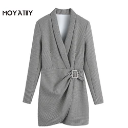 MOYATIIY Blazer con estampado de pata de gallo para mujer, minivestido de oficina con cremallera lateral y cinturón, 2022