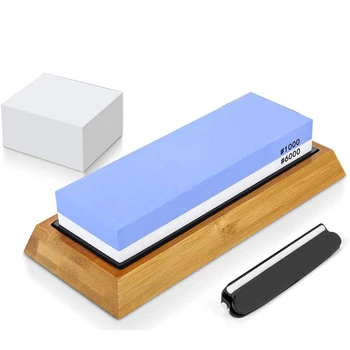

1000 6000 Grits Two Sides Professional Whetstone Knife Sharpener, Premium Water Whetstone on Non-Slip Silicone Holder & Bamboo B
