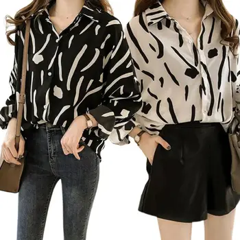 

Womens Long Sleeves Lapel Collar Casual Blouse Button Down Graffiti Stripes Printed Tops Trendy Student Loose Shirts M-4XL