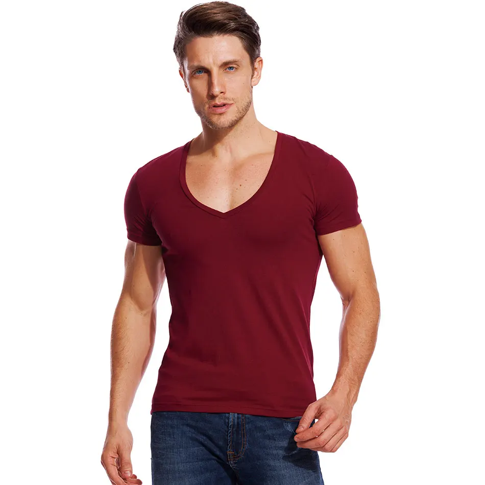 21 цвет, футболка с глубоким v-образным вырезом, Мужская модная компрессионная футболка с коротким рукавом, Мужская облегающая летняя футболка для фитнеса - Цвет: Бургундия