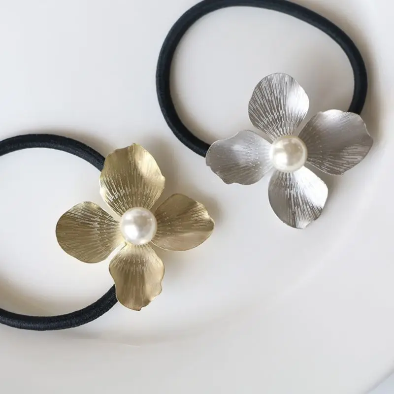 Korean Metallic Delicate Rubber Band Womens Drawbench Four Petals Flower Hair Rope Imitation Pearl DIY Styling 5
