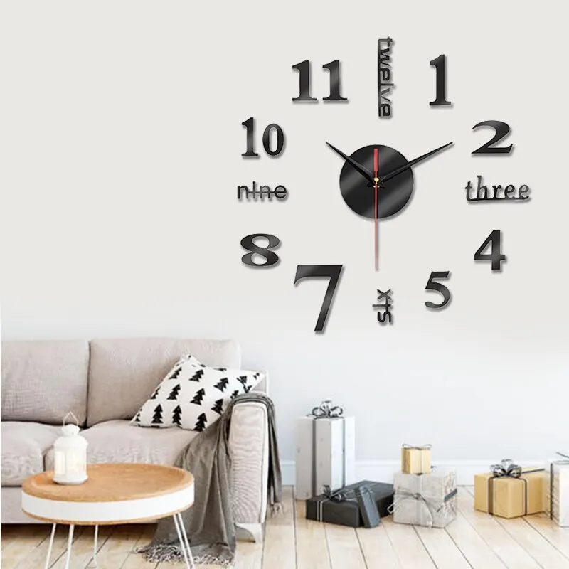 Black/Siliver 3D Effect Mirror Sticker Wall Clock Acrylic Quartz Watch Decal Kit Self-adhesive For Home TV Decor | Дом и сад