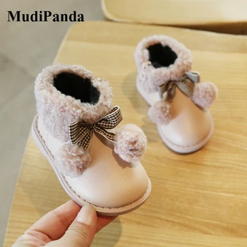 

MudiPanda Winter Snow Boots Baby Girls Princess Bow-Knot Leather Shoes 0-4 Years Old Plus Velvet Warm Toddler Shoes Soft Sole