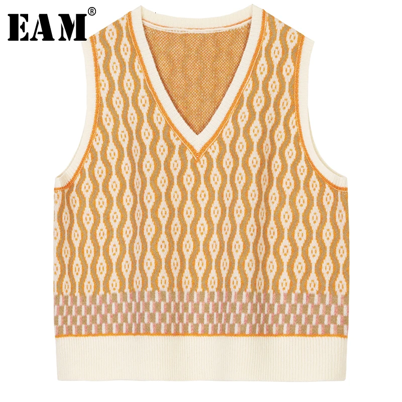 

[EAM] Pattern Knitting Sweater Pullover Loose Fit V-Neck Sleeveless Women Sweater New Fashion Tide Spring Autumn 2020 1H918