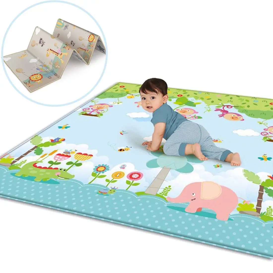 

200 X 180cm XPE Foldable Baby Play Mat Waterproof Crawling Mat Double-Sided Non-Slip Crawling Game Pad For Baby - Animal Forest
