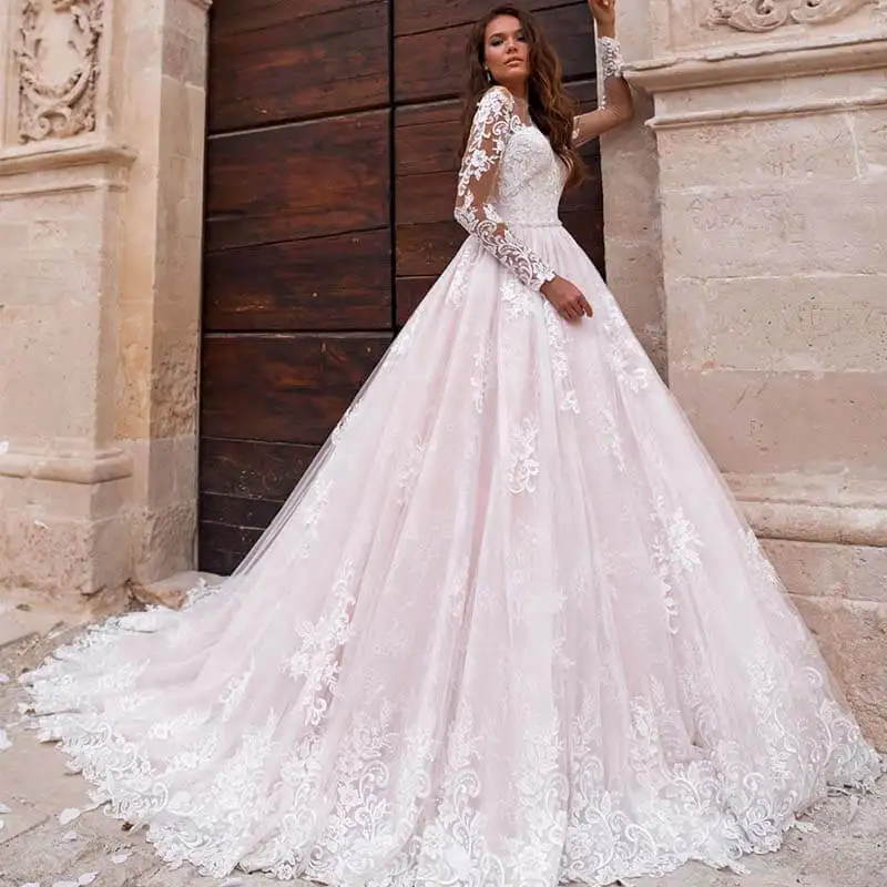 

Illusion Long Sleeve A Line Wedding Dress 2019 Elegant Lace Appliques Court Train Wedding Bridal Gowns Vestido De Noiva