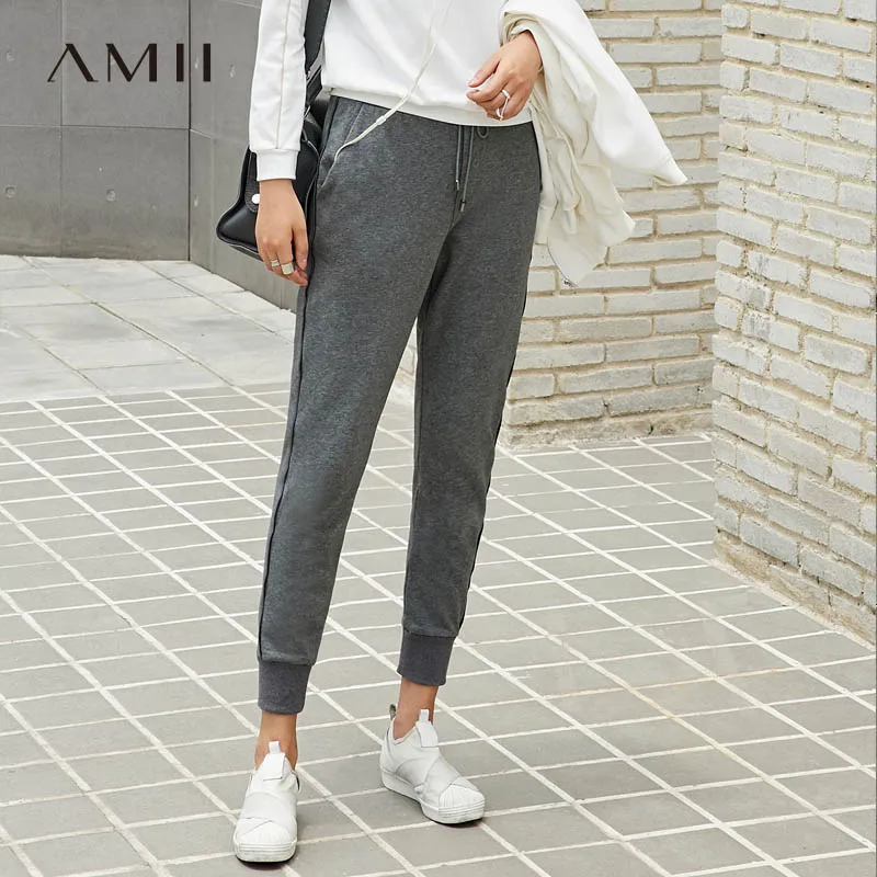 Amii Minimalist Elastic Pants Summer Casual Solid High Waist Female Sport Pants 11765550