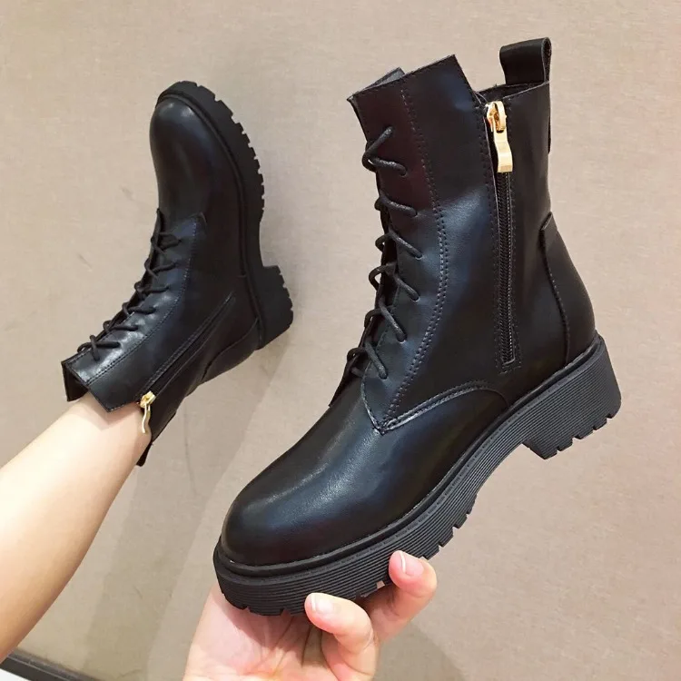 

Low Heels booties Lace Up Boots Brand Women's Shoes Bootee Woman 2019 Booties Ladies Round Toe Fashion Rubber Autumn Rock Ankle