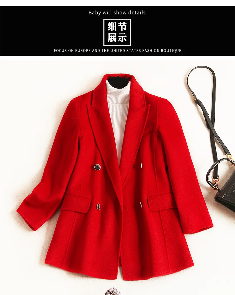 Шерстяные пальто и куртки для женщин Abrigos Mujer Elegante двубортный отложной воротник одноцветное офисное женское теплое красное пальто