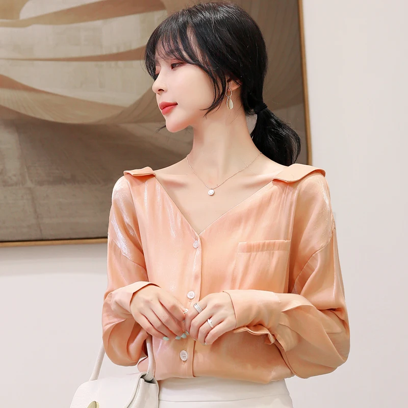 

Spring 2020 New Chiffon Blouse Women Long Sleeve Casual Loose Korean Solid Female Shirt Slim Bow Elegant Lady Tops Orange Tunic