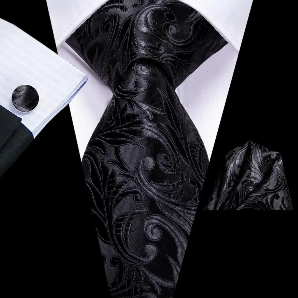 Black Floral Silk Wedding Tie Set - Elegant Necktie with Handkerchief  Cufflinks for Men