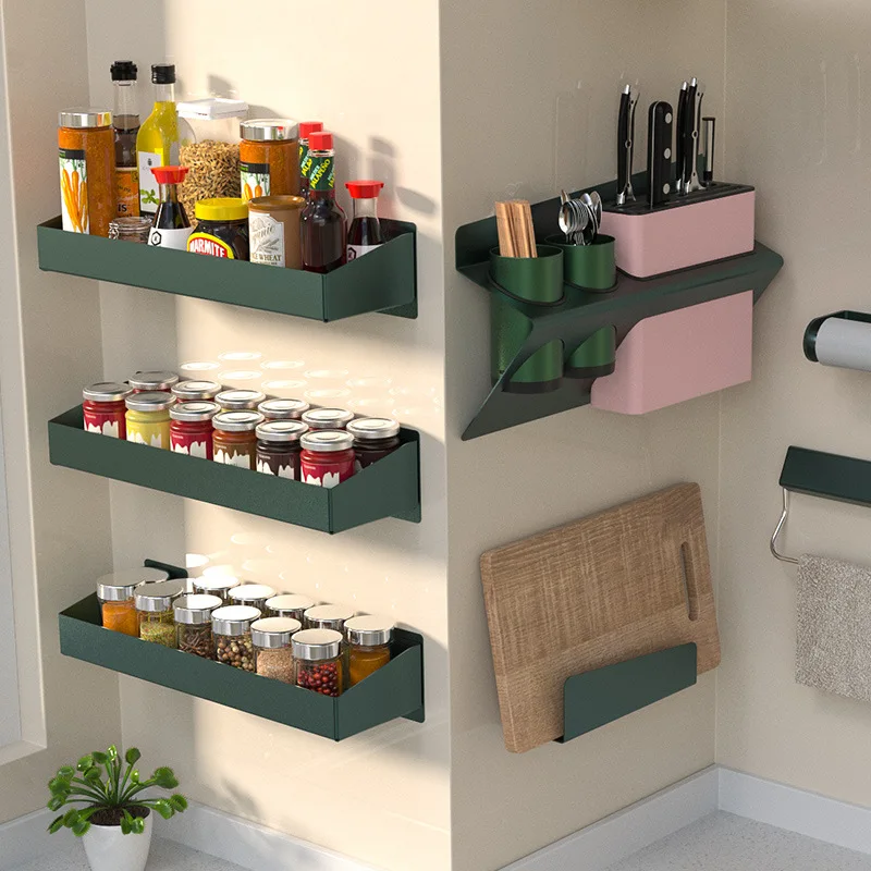 

New Punching Free Spices Rack Wine Storage Shelf Wall Hanging Plate and Dishes Shelf Plastic Wrap Holder Kitchen Organizer Stand