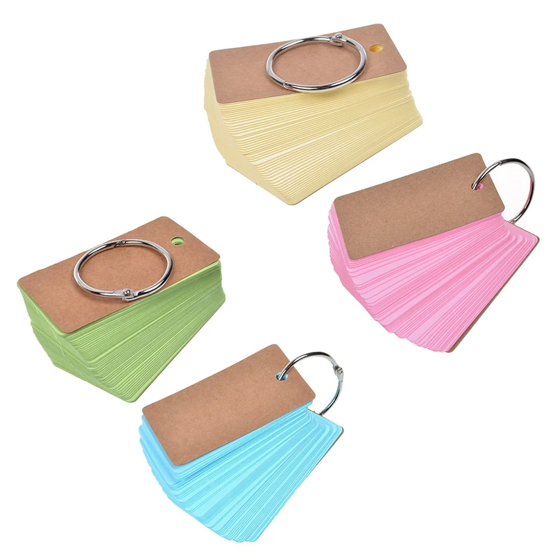 2 PCS Binder Ring Easy Flip Flash Cards Study 100 Unruled Blank Pages (Pink+Yellow &amp Blue+Green) |