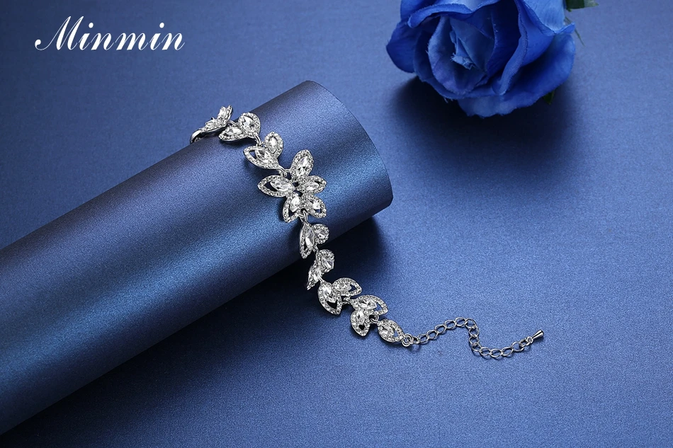Minmin сверкающий листовой набор свадебных ювелирных изделий роскошный свадебный серебряный цвет кристалл серьги браслет наборы для женщин MEH1566+ SL046