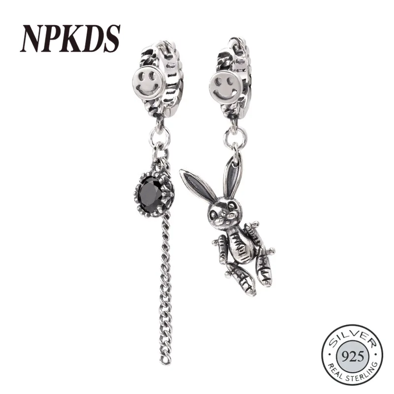 

925 Sterling Silver Face Asymmetry Rabbit Long Drop Earrings Vintage Zircon Chain Korea Style 2019 Women's Earrings Jewelry Gift