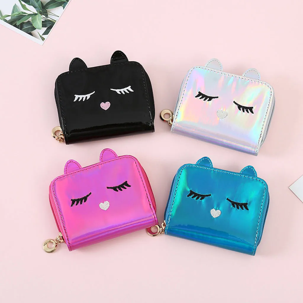 

Fashion Pu Leather Laser Hologram Wallets For Women Girls Purses Cartoon Cat Face Mini Holders Drop Shipping #YL5