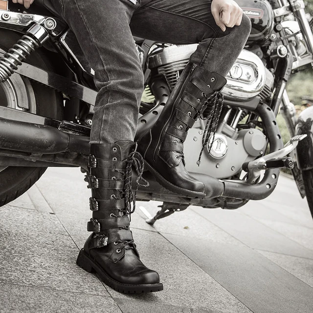 Botas de moto de cuero para hombre, zapatos de combate militar de media  pantorrilla, cinturón gótico