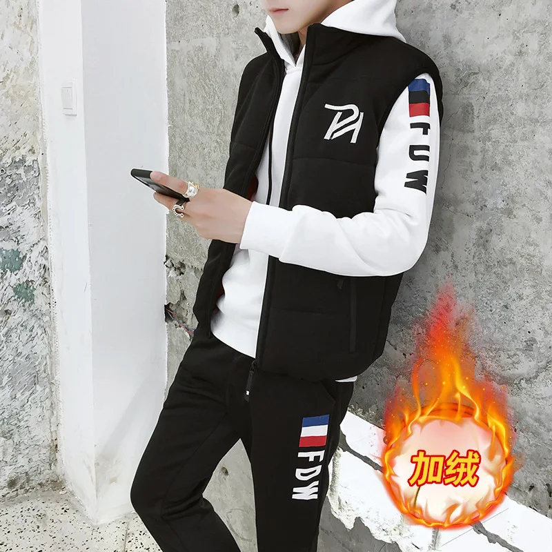 

2018 Winter New Style Teenager plus Velvet Hoodie Suit Students Winter Thick Three-piece Set Set Hoodie Men