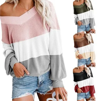 

New women's V-neck bat sleeve sweater sweater European and American fashion trend three-color stitching loose T-shirt