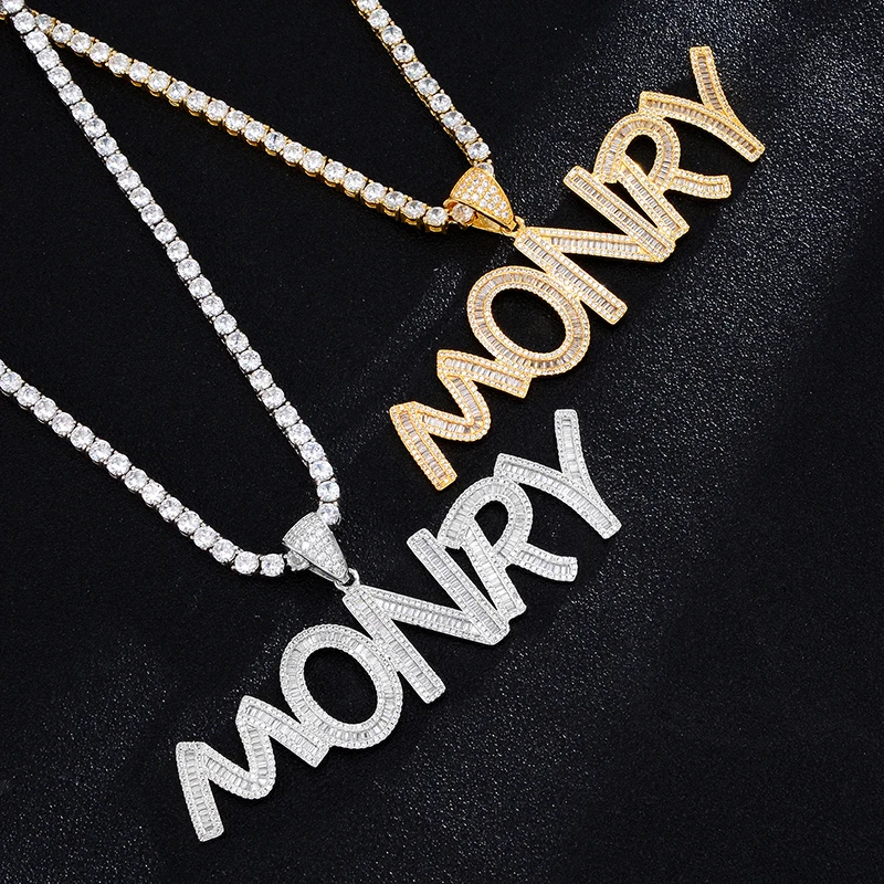 

Hip Hop Custom Name Letters Cubic Zircon Bling Baguette Letters Iced Out Chain Pendants & Necklaces For Men Jewelry